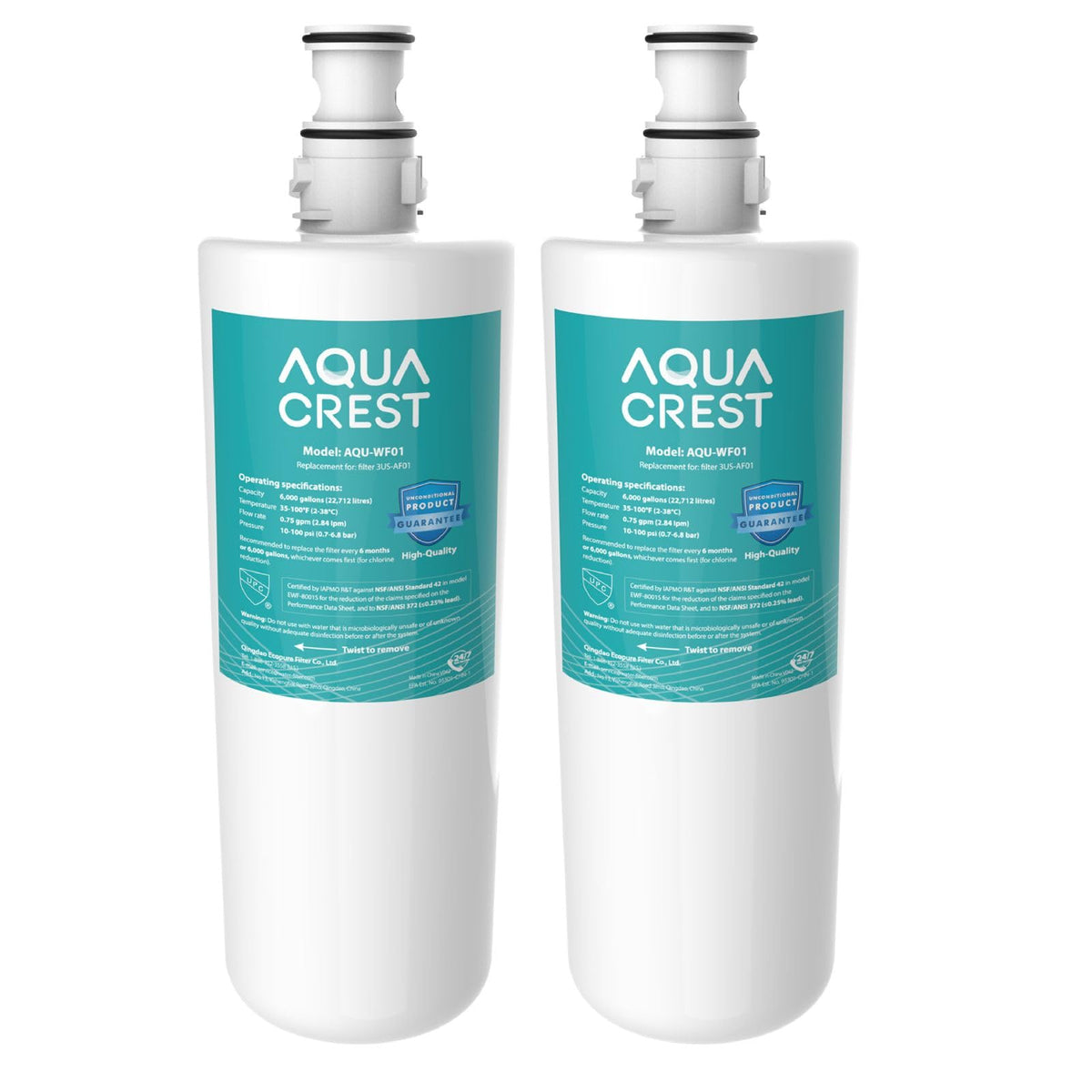 Aqua Crest WF01 under-sink filter visible under the cabinet for clean water.