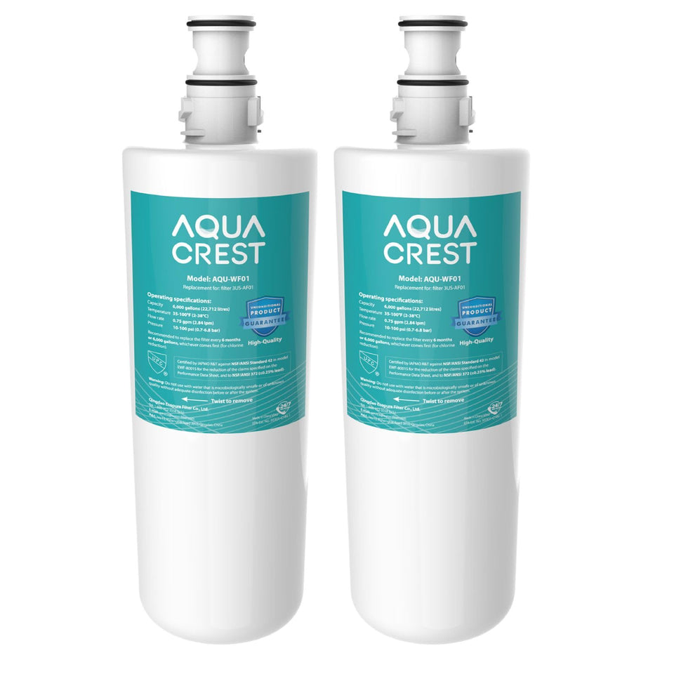 Aqua Crest WF01 under-sink filter visible under the cabinet for clean water.