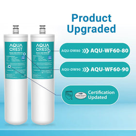 AQUA CREST WF60-80/90 cartridge closeup highlights chlorine reduction and taste improvement potential.
