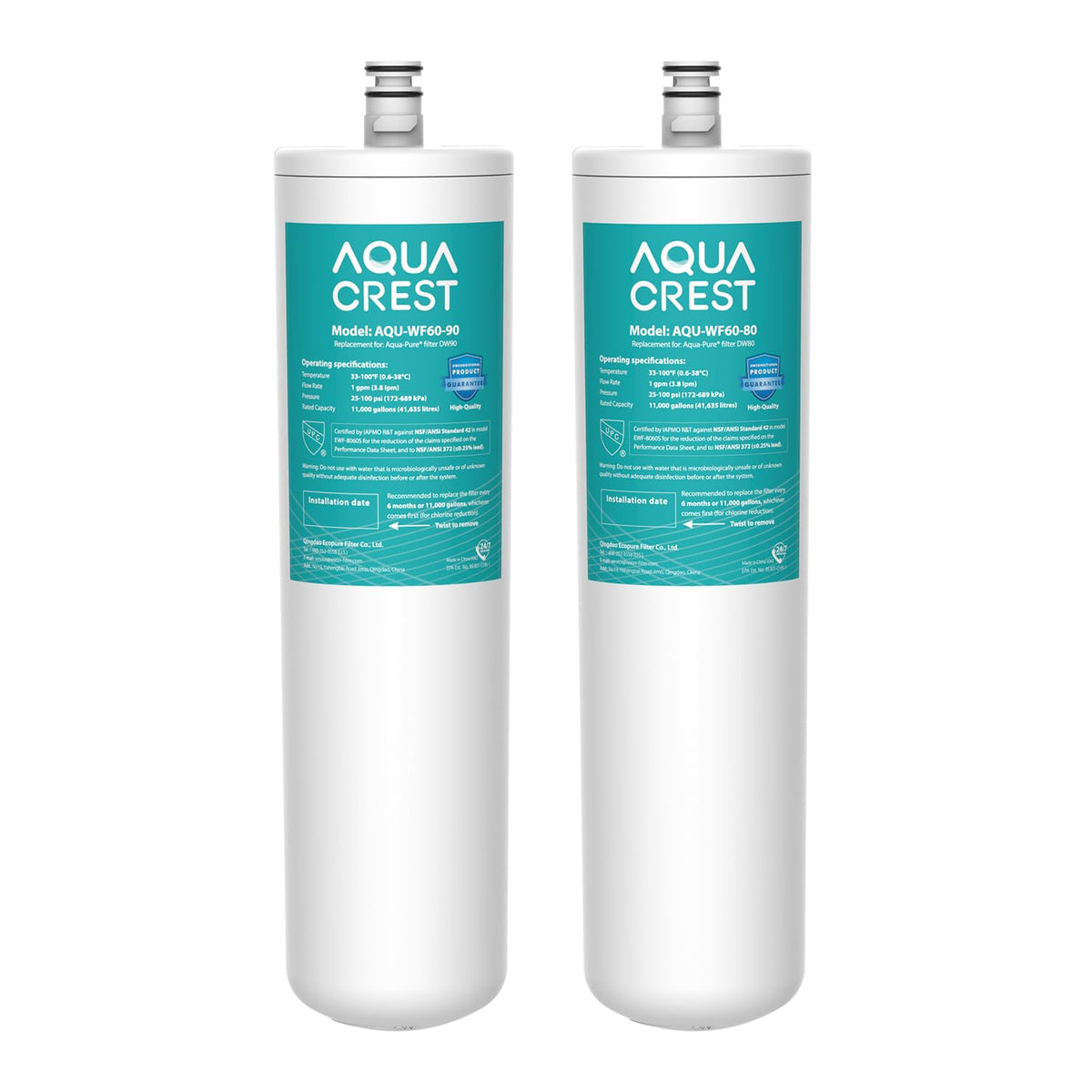 AQUA CREST WF60-80/90 filter packaging emphasizes compatibility and easy replacement.