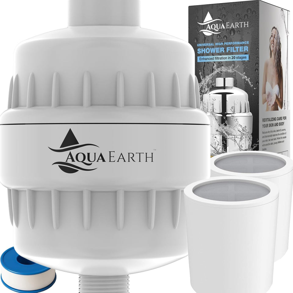 Aqua Earth 20-stage shower filter improves bathwater clarity for a better rinse.