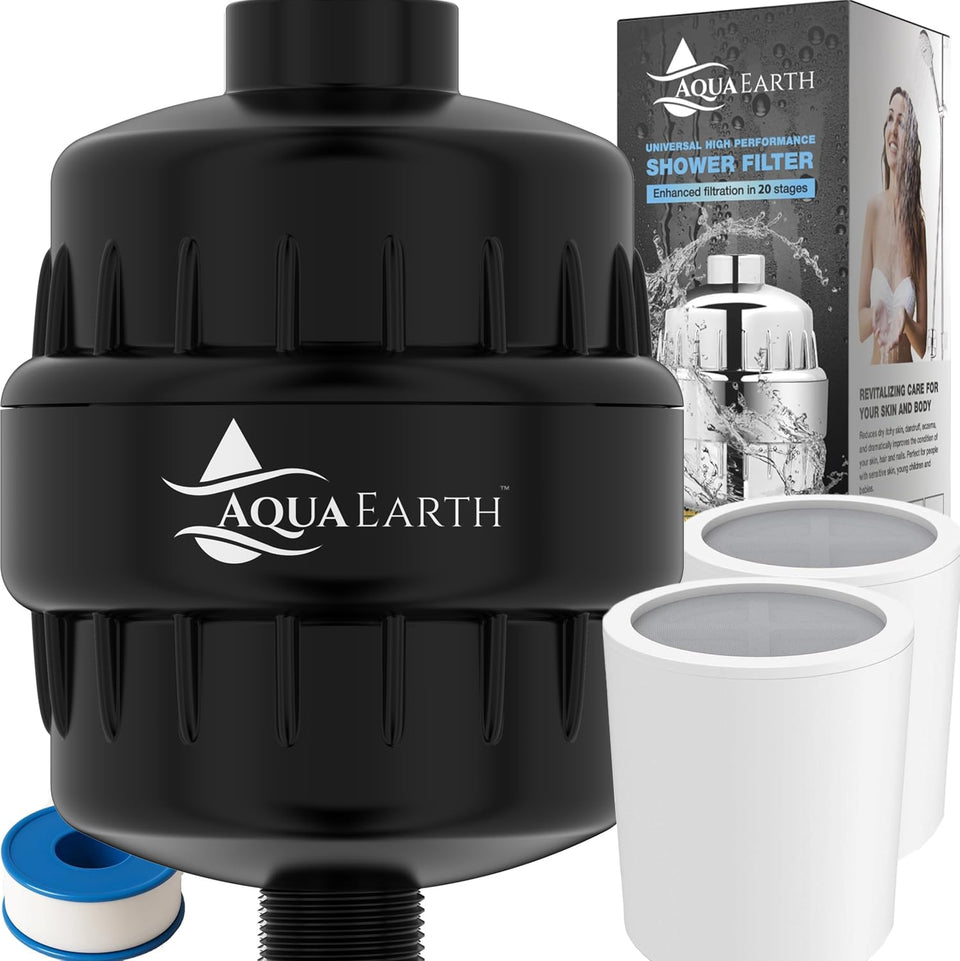 Aqua Earth shower head filter overview showing compact design and broad compatibility