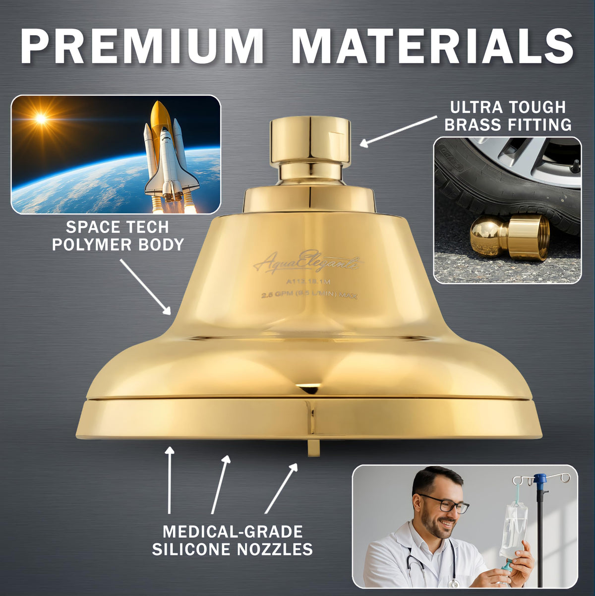 Aqua Elegante brass ball joint provides extra reach and precise aiming.