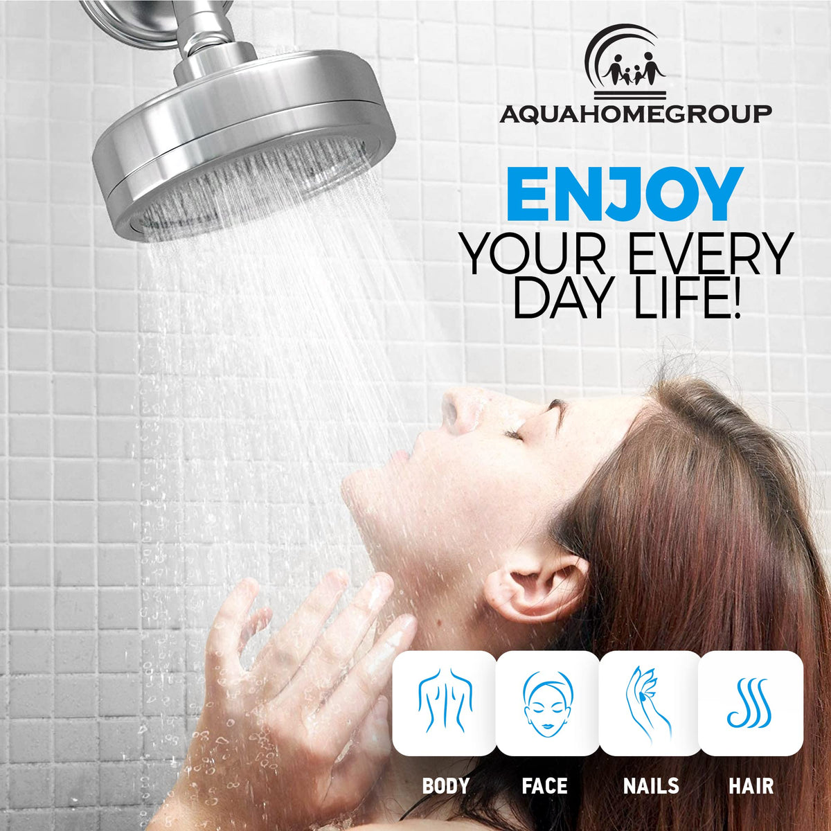 Vitamin-infused AquaHomeGroup shower benefits skin and hair softness.