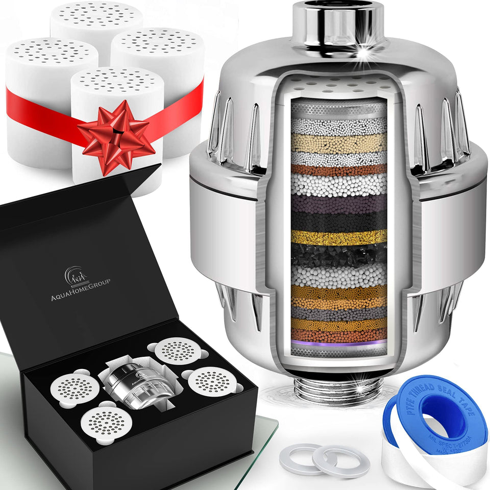 AquaHomeGroup 20-stage shower filter installed reduces chlorine for a gentler shower.