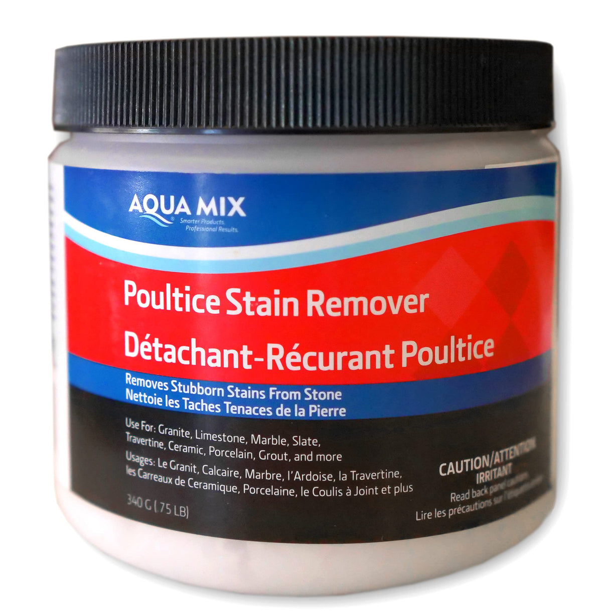 Aqua Mix Poultice Stain Remover bottle label close-up for trusted cleaning results.
