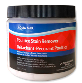 Aqua Mix Poultice Stain Remover bottle label close-up for trusted cleaning results.