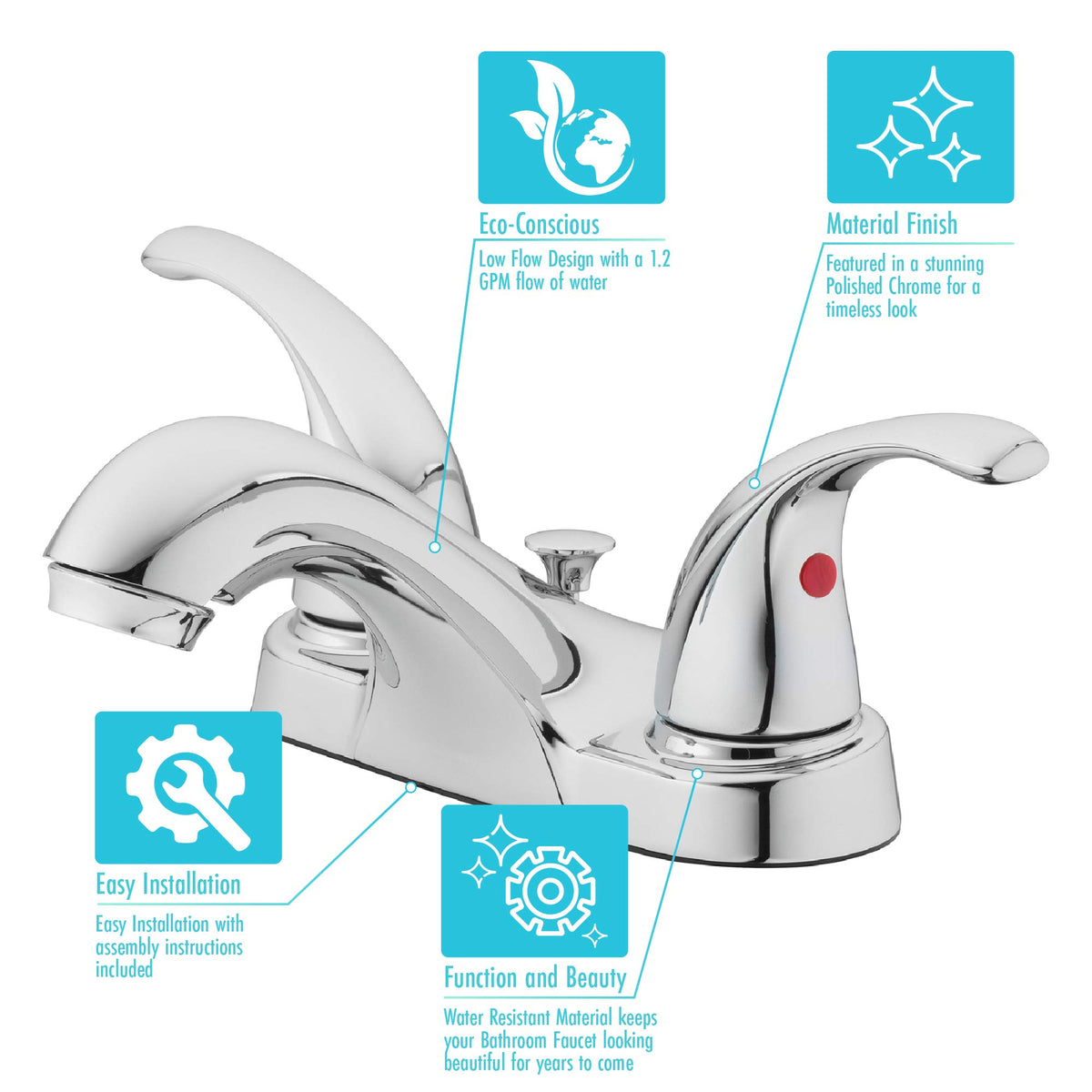 Aqua Vista quick-install pop-up drain simplifies bathroom faucet setup.