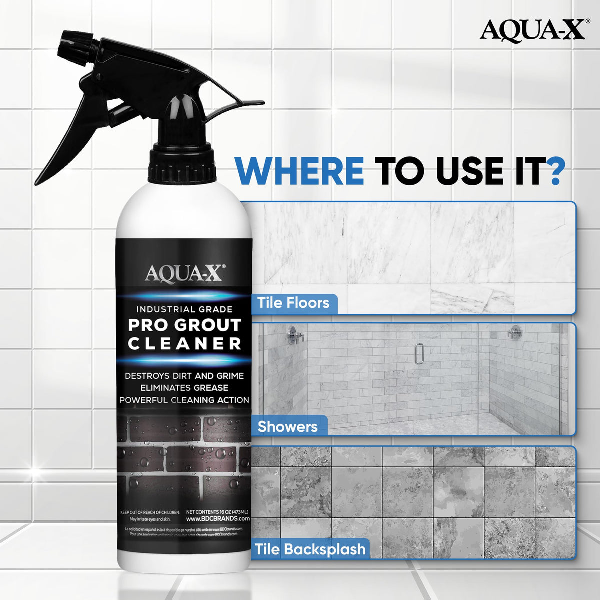 AQUA-X Grout Cleaner in kitchen and bathroom setup for versatile use