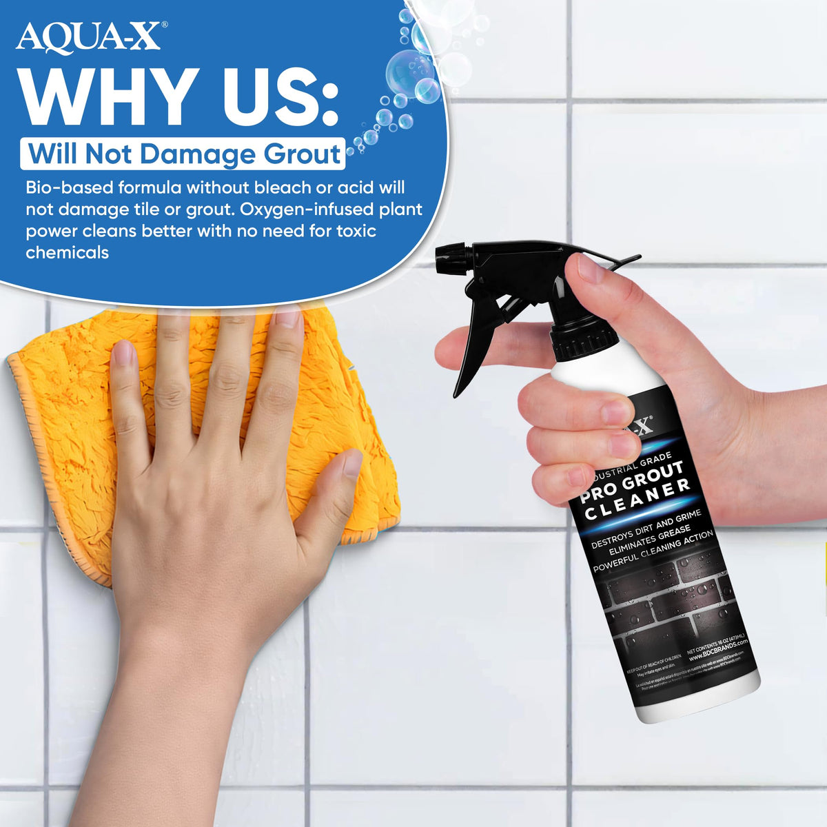 AQUA-X Grout Cleaner in shower setting refreshes tiled surfaces
