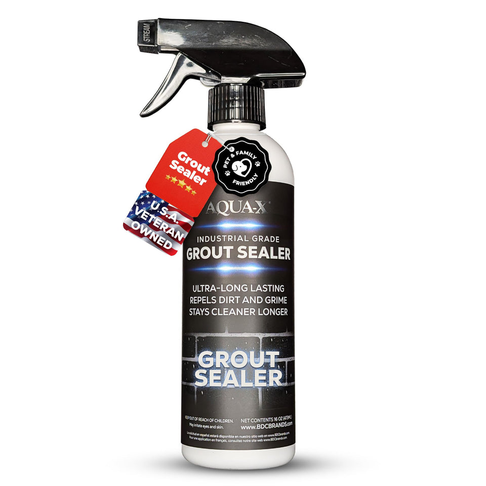 AQUA-X grout sealer 16oz bottle shown for easy application and protection.