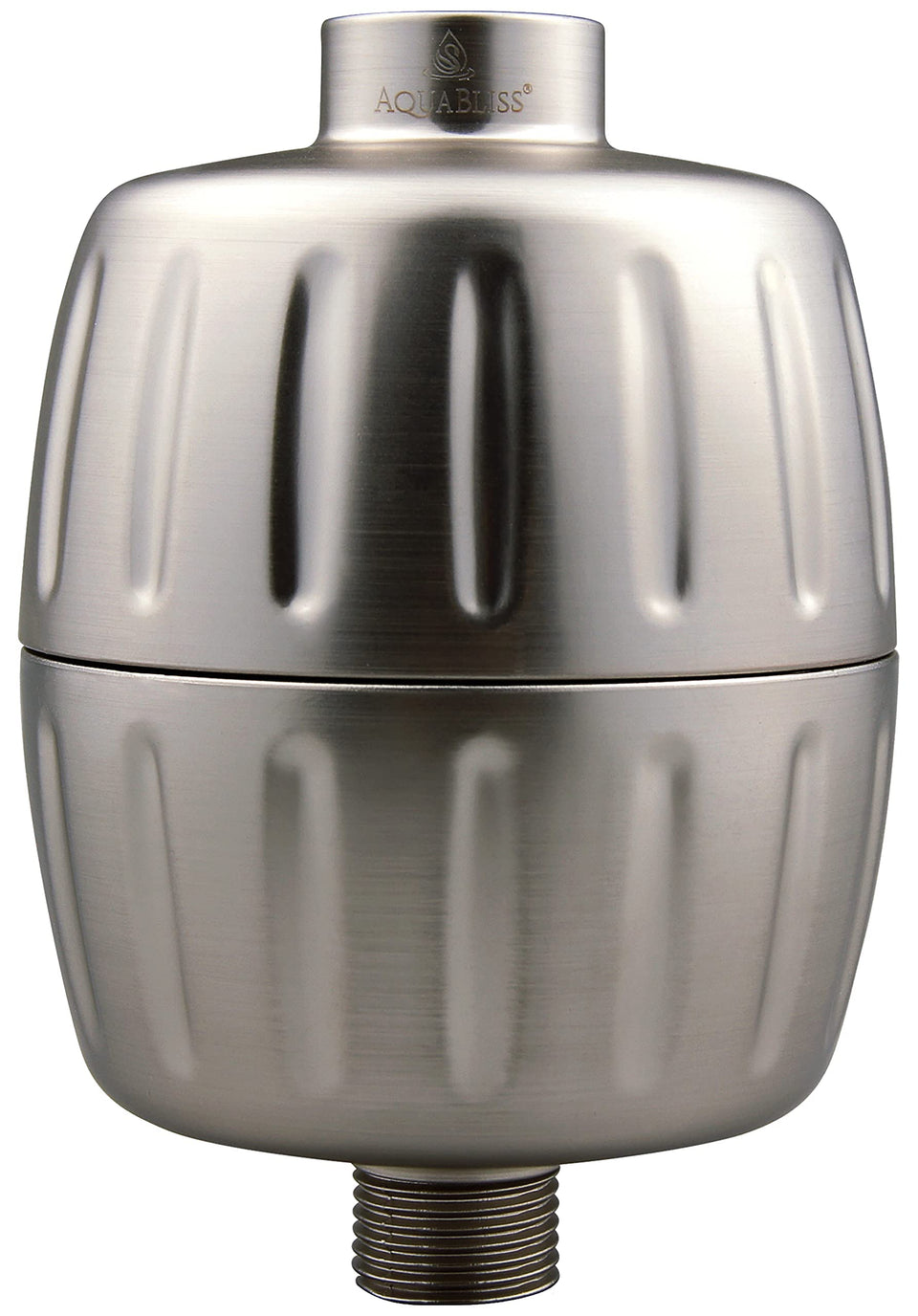 AquaBliss heavy-duty shower filter front view showing universal compatibility and clean water.
