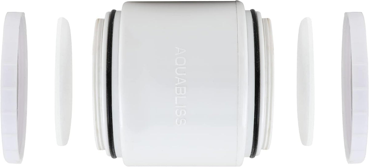 AquaBliss replacement cartridge graphic indicates simple, mess-free installation for a quick upgrade.
