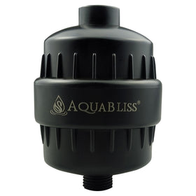 AquaBliss SF100-BK packaging shows quick, tool-free install for the shower filter.