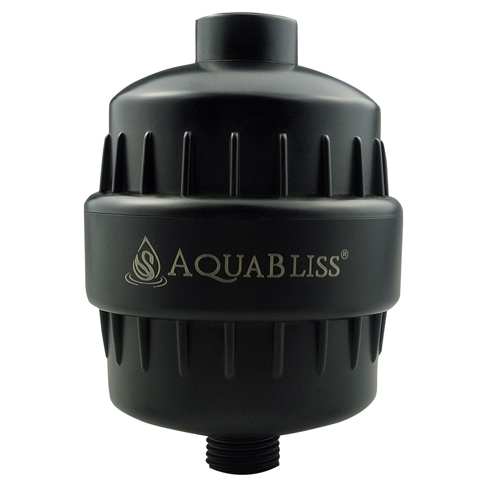 AquaBliss SF100-BK packaging shows quick, tool-free install for the shower filter.
