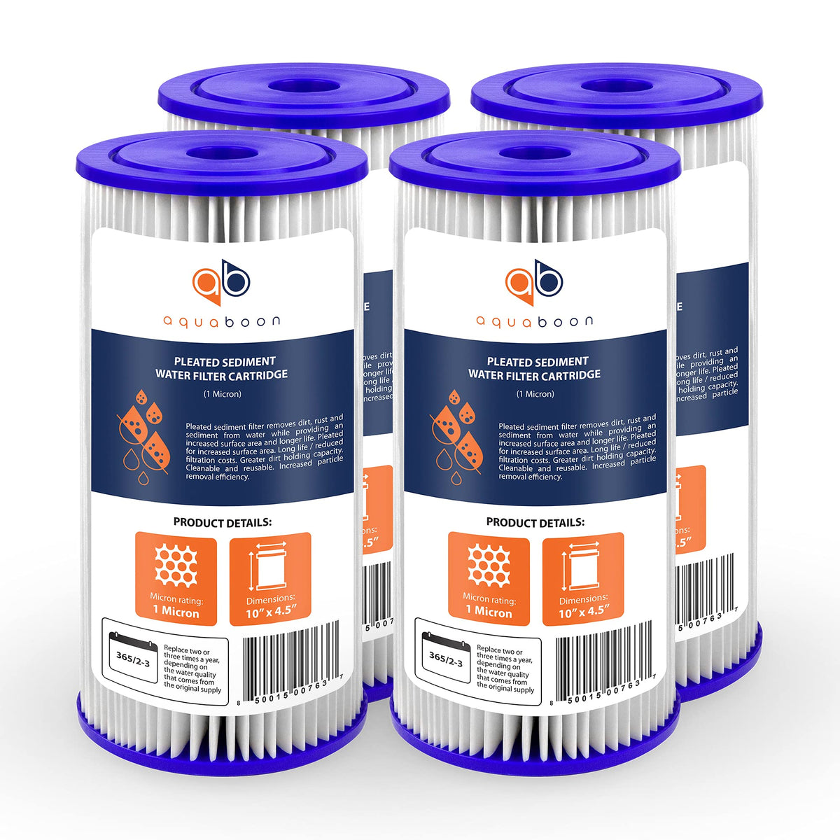 Aquaboon 1-micron pleated filter in 10x4.5 inch size traps sediment without reducing flow.