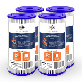 Aquaboon 1-micron pleated filter in 10x4.5 inch size traps sediment without reducing flow.