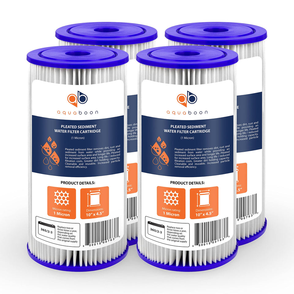 Aquaboon 1-micron pleated filter in 10x4.5 inch size traps sediment without reducing flow.