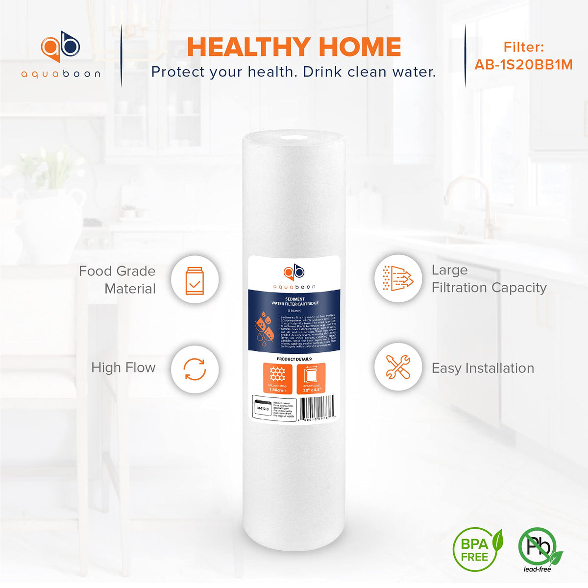 Aquaboon 20x4-5 filter in housing demonstrates protection of appliances and plumbing.