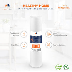 Aquaboon 20x4-5 filter in housing demonstrates protection of appliances and plumbing.