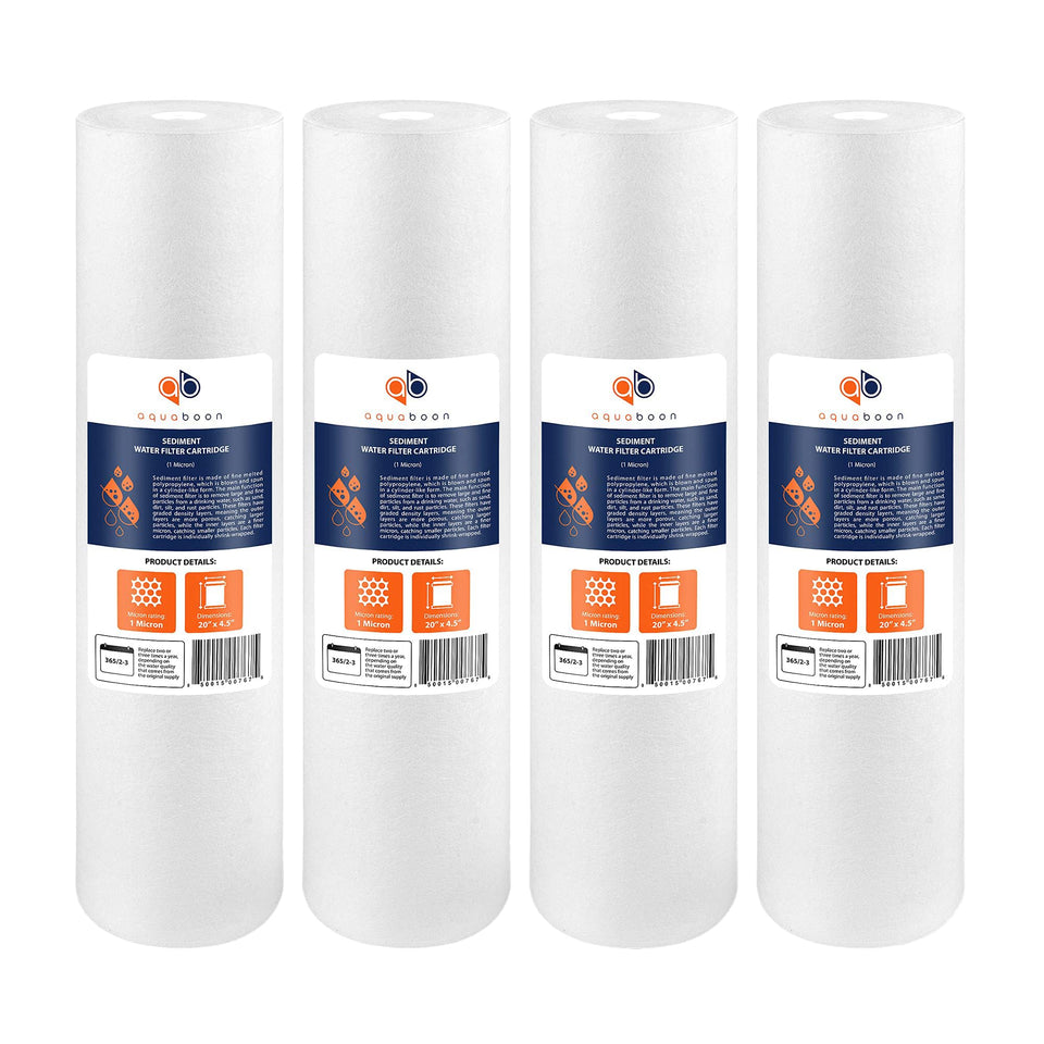Aquaboon 1-micron sediment filter 20x4.5 pack ready for installation.