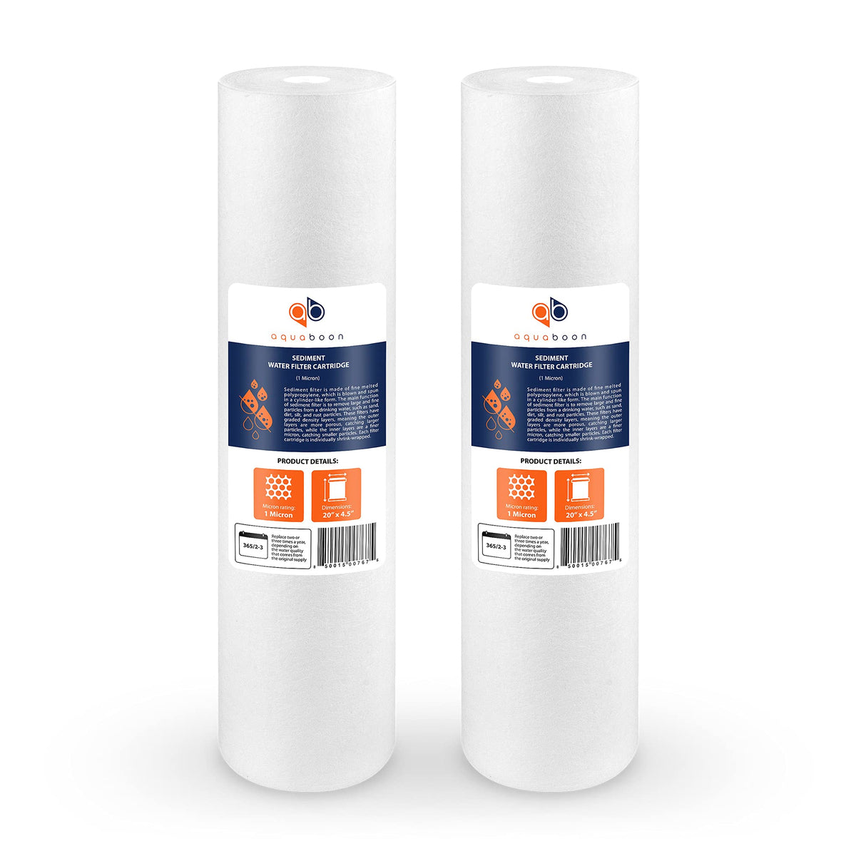 Aquaboon 1-micron sediment filter 20x4-5 improves water clarity in whole-house systems.