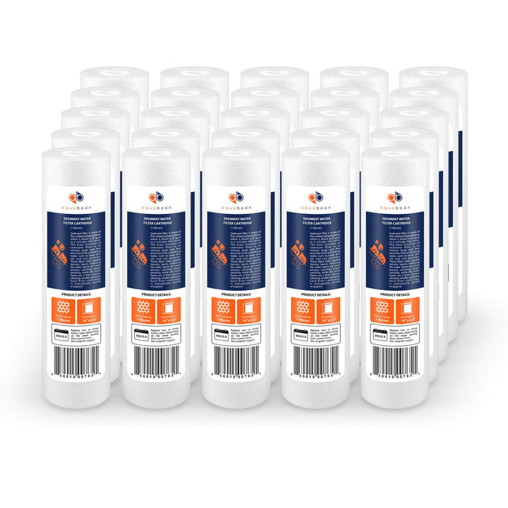 Aquaboon 1-micron sediment filter cartridge in housing captures sand and rust for cleaner water.