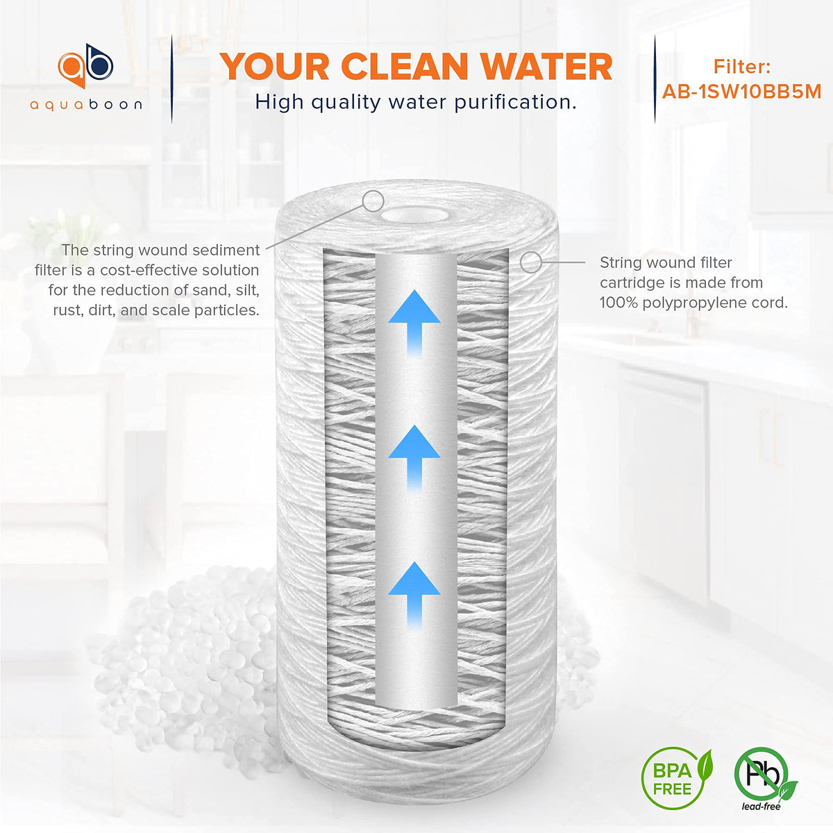 Aquaboon 10x4.5 inch 5-micron filter balances flow with effective sediment removal.