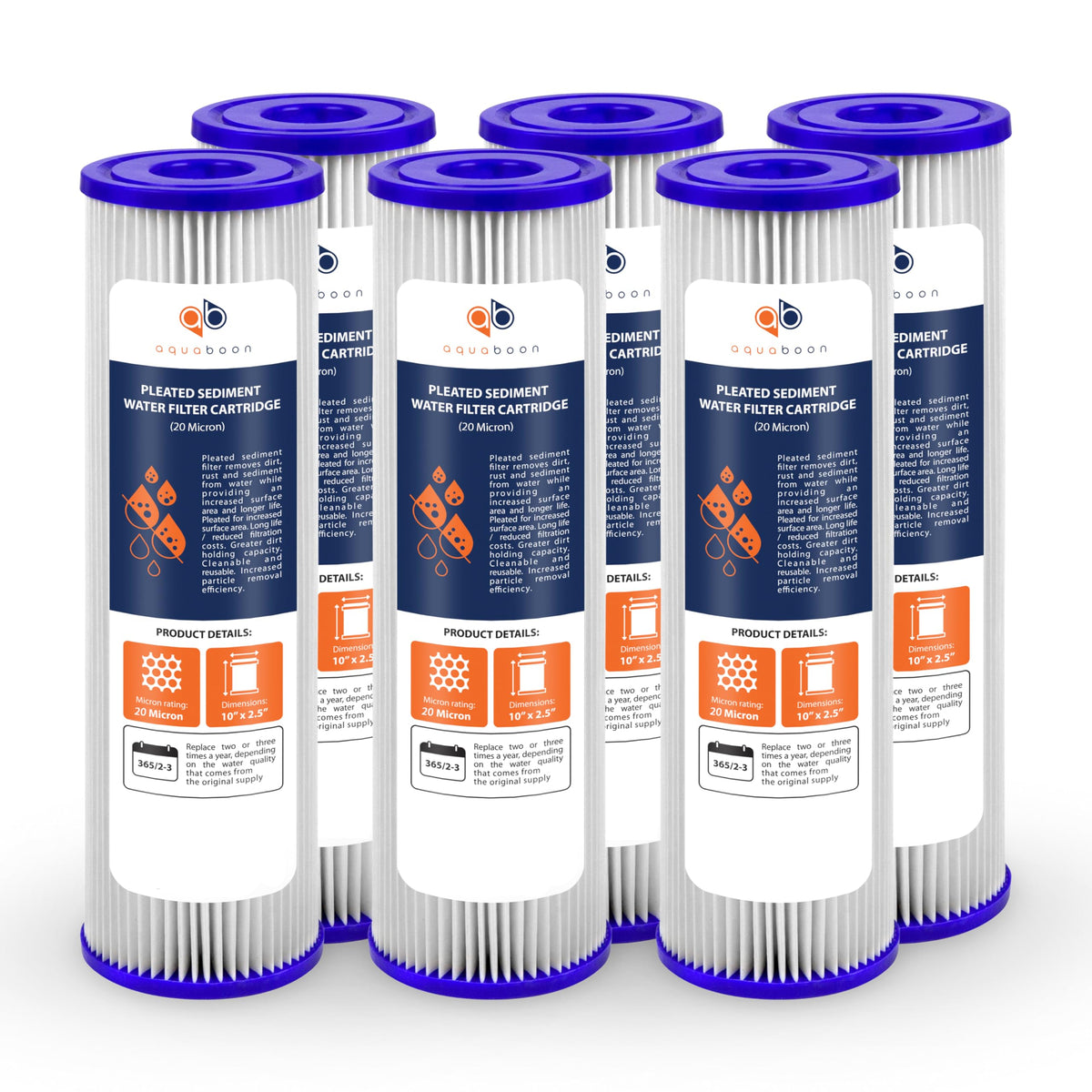 Aquaboon 20 micron pleated sediment filter cartridge in exterior view improves water clarity.