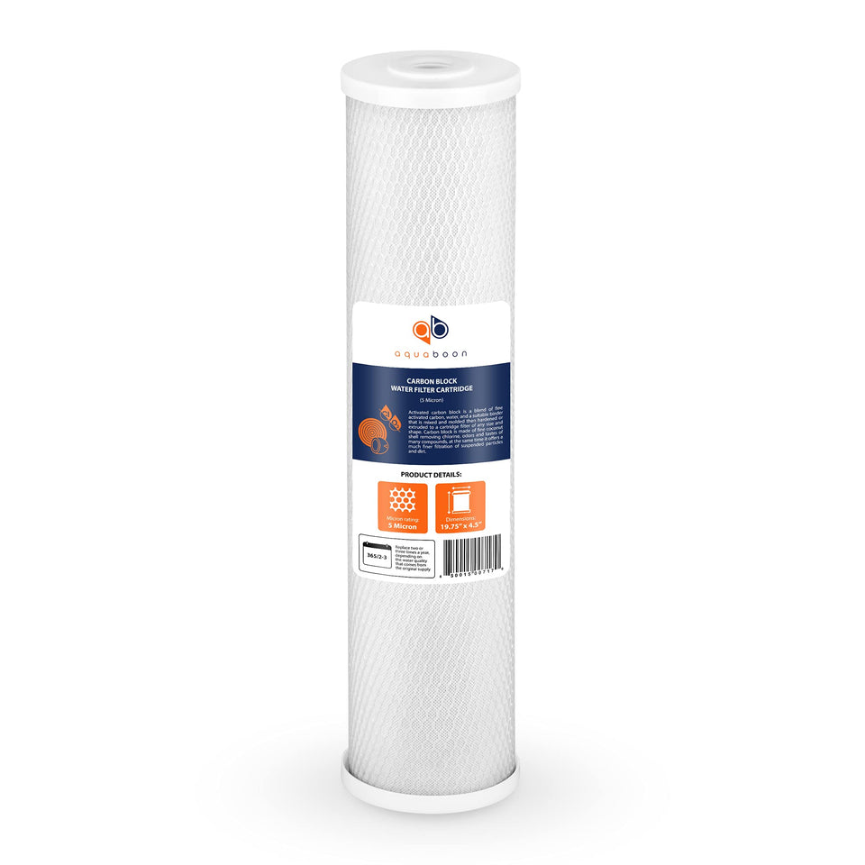 Aquaboon 4.5 x 20 carbon block filter purifies water by reducing chlorine.