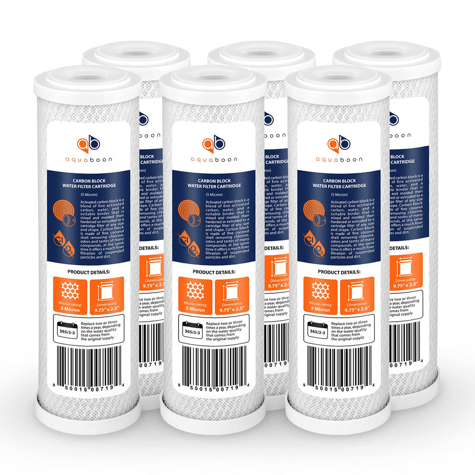 Aquaboon 5 micron carbon block filter close-up removing chlorine for fresher water.