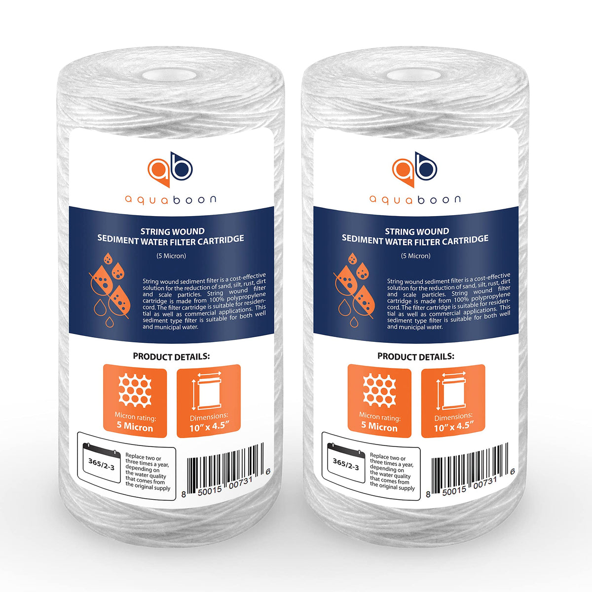 Aquaboon 5-micron filter cartridge for 10x4.5 inch systems demonstrating precise sediment removal.