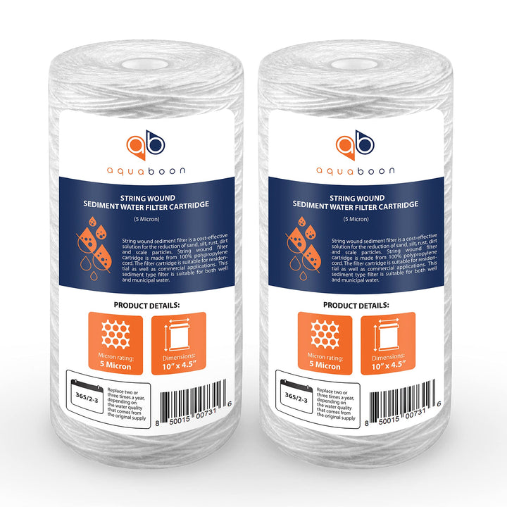 Aquaboon 5-micron filter cartridge for 10x4.5 inch systems demonstrating precise sediment removal.