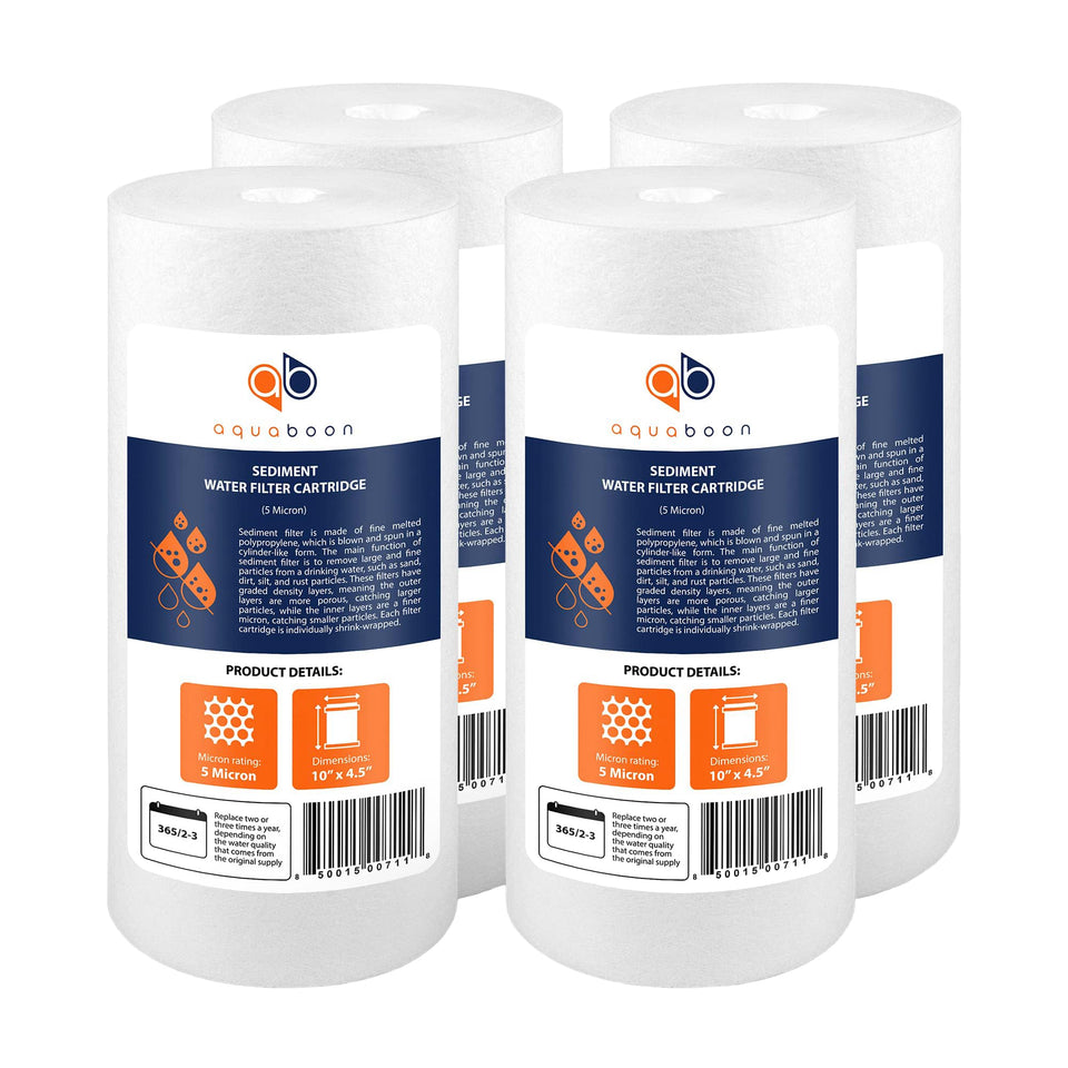 Aquaboon 5 micron filter cartridge assembly in a housing for well water filtration.