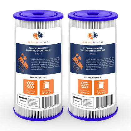 Aquaboon 5-micron pleated sediment filter close-up showing dense filtration of rust and sand