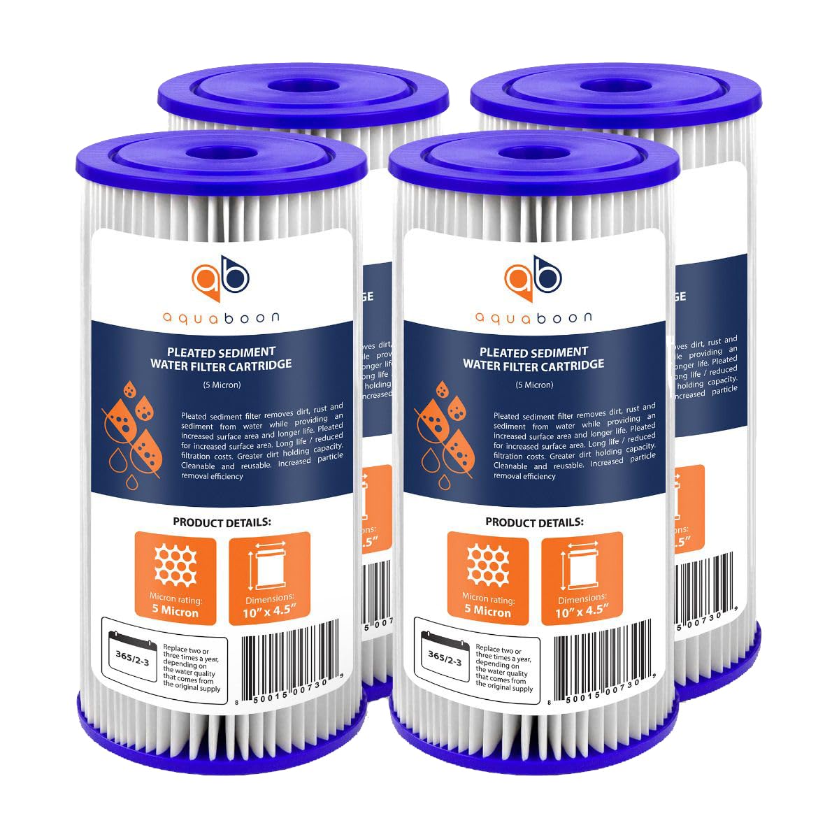 Aquaboon 5 micron pleated sediment filter reduces rust and sediment for cleaner water.
