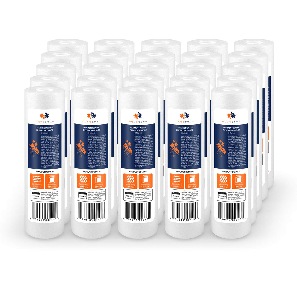 Aquaboon 5 Micron Sediment Filter for 10x2.5 housing captures rust and dirt for cleaner water.