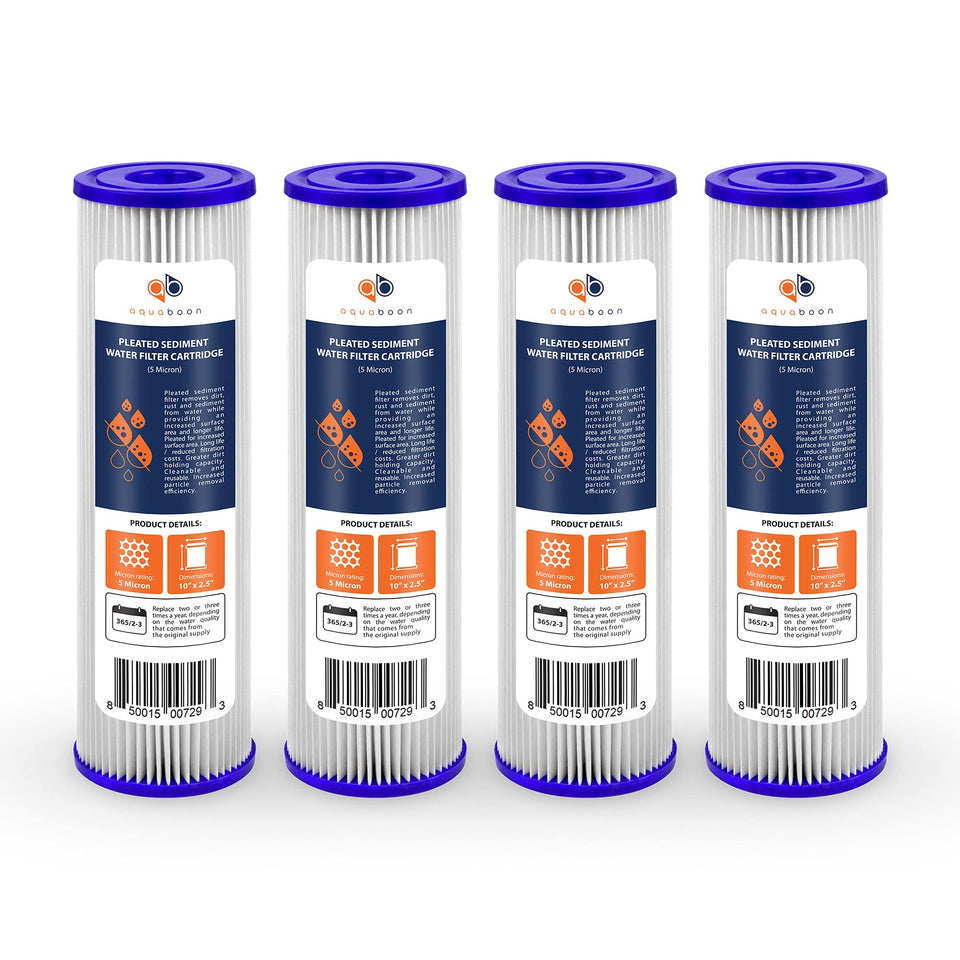 Aquaboon 5 micron sediment filter catches sand and rust to protect plumbing.