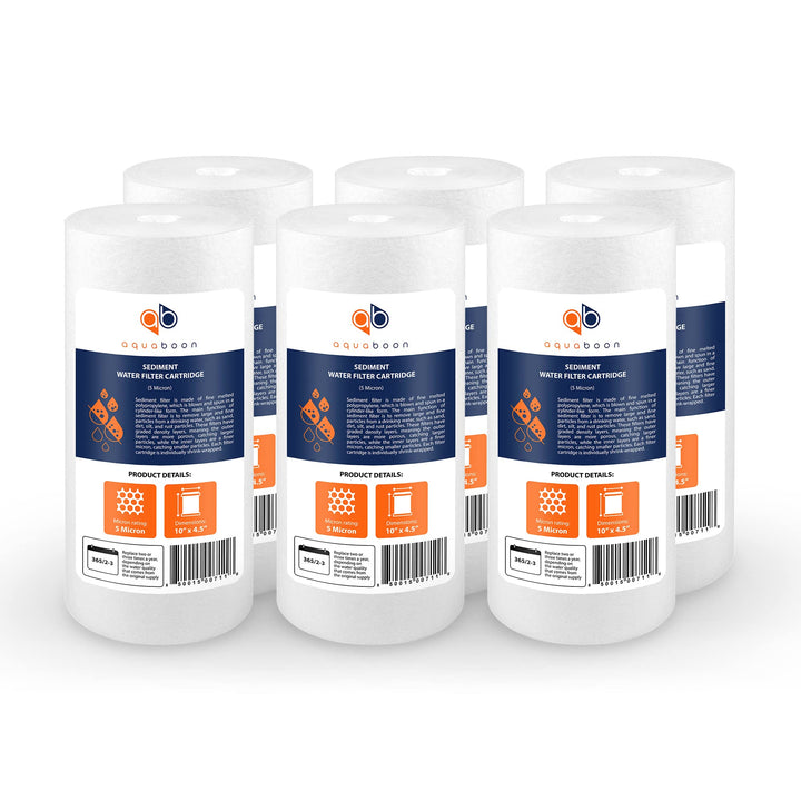 Aquaboon 5-micron sediment filter captures rust and sediment for clearer well water.