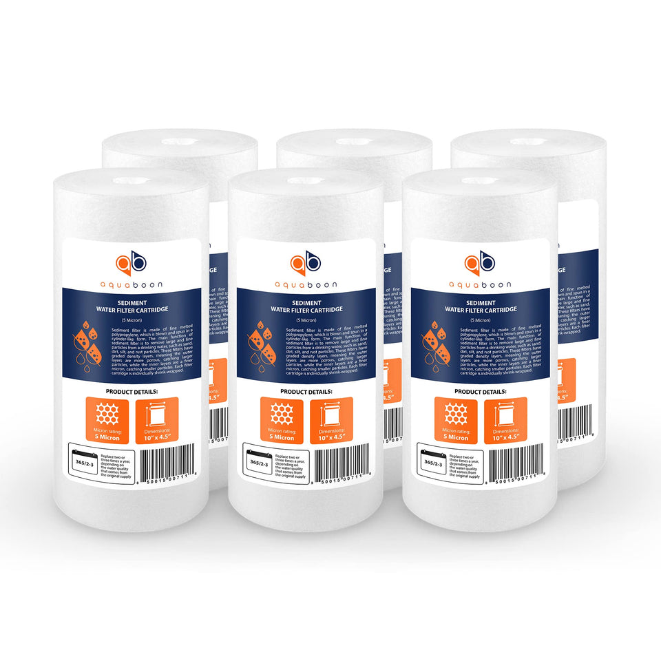 Aquaboon 5-micron sediment filter captures rust and sediment for clearer well water.