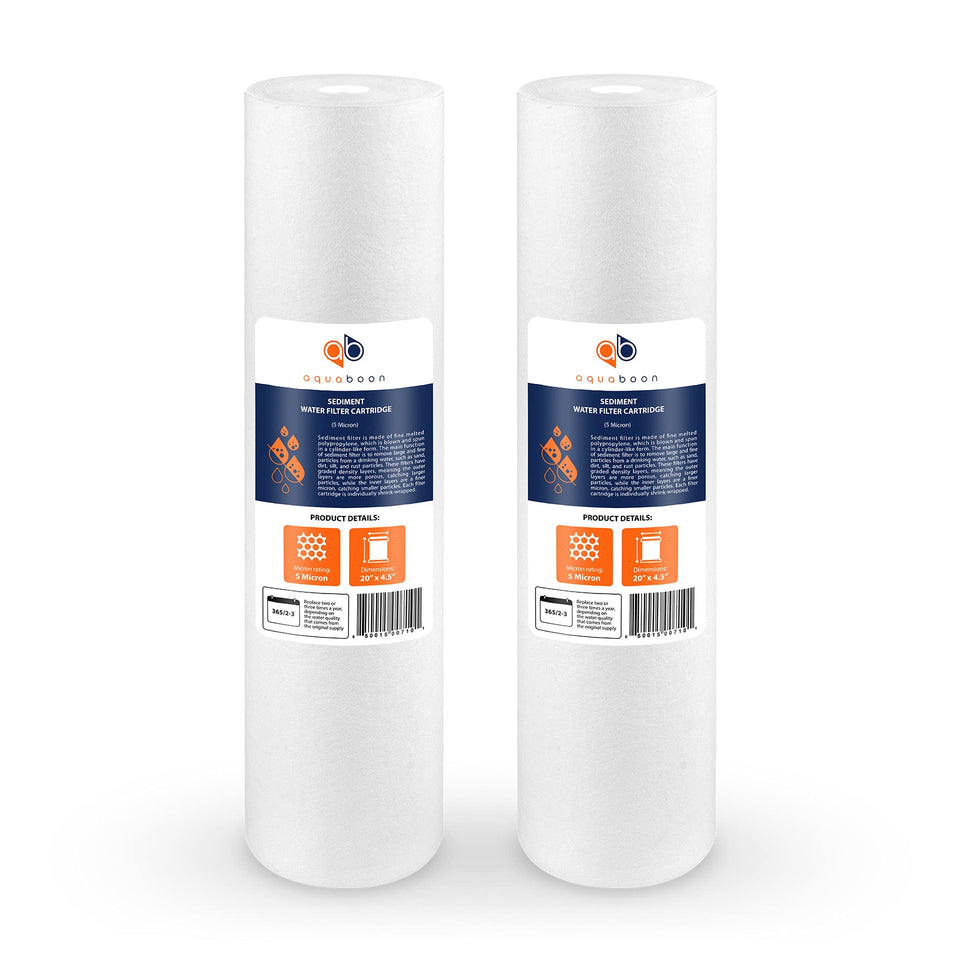 Aquaboon 5 Micron sediment filter overview image shows clean flow and appliance protection.