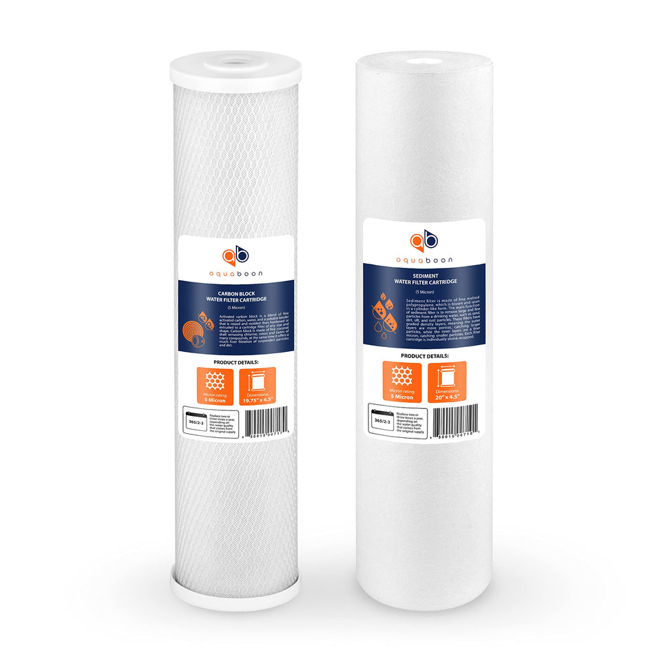 Aquaboon 5-micron sediment filter in a housing reduces sediment for clearer water
