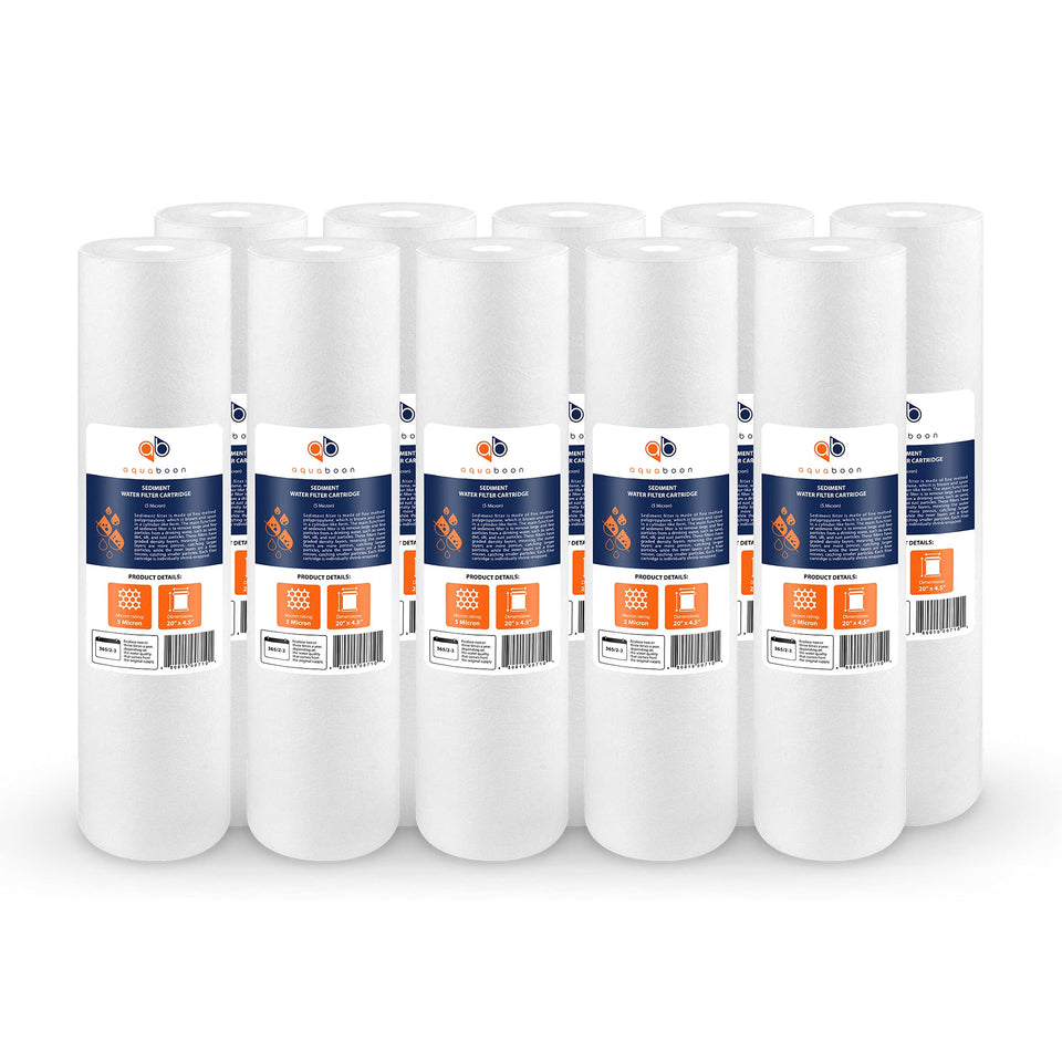 Aquaboon 5-micron sediment filter cartridge for 20x4.5 housings reduces sediment at taps.