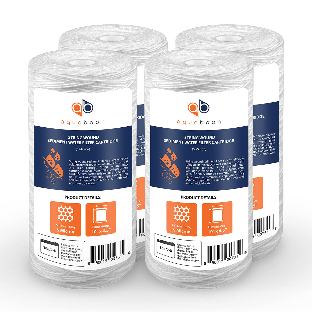 Aquaboon 5-micron string-wound filter in 10x4.5 inch configuration capturing fine particles for cleaner water.