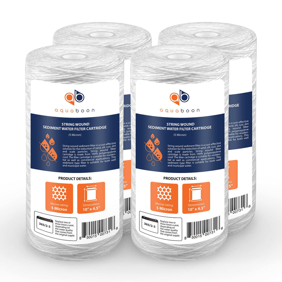 Aquaboon 5-micron string-wound filter in 10x4.5 inch configuration capturing fine particles for cleaner water.