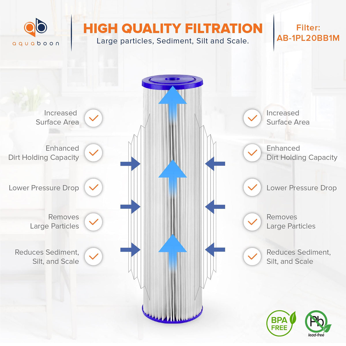 Aquaboon pleated sediment filter captures fine sand and rust