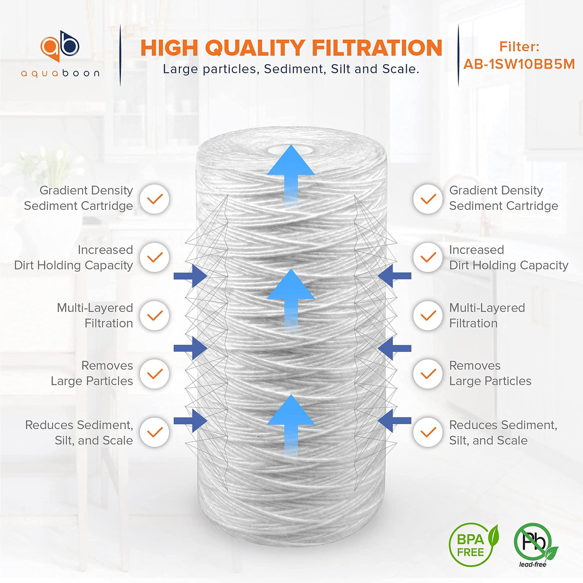 Aquaboon sediment cartridge with 5-micron precision for whole-house filtration.