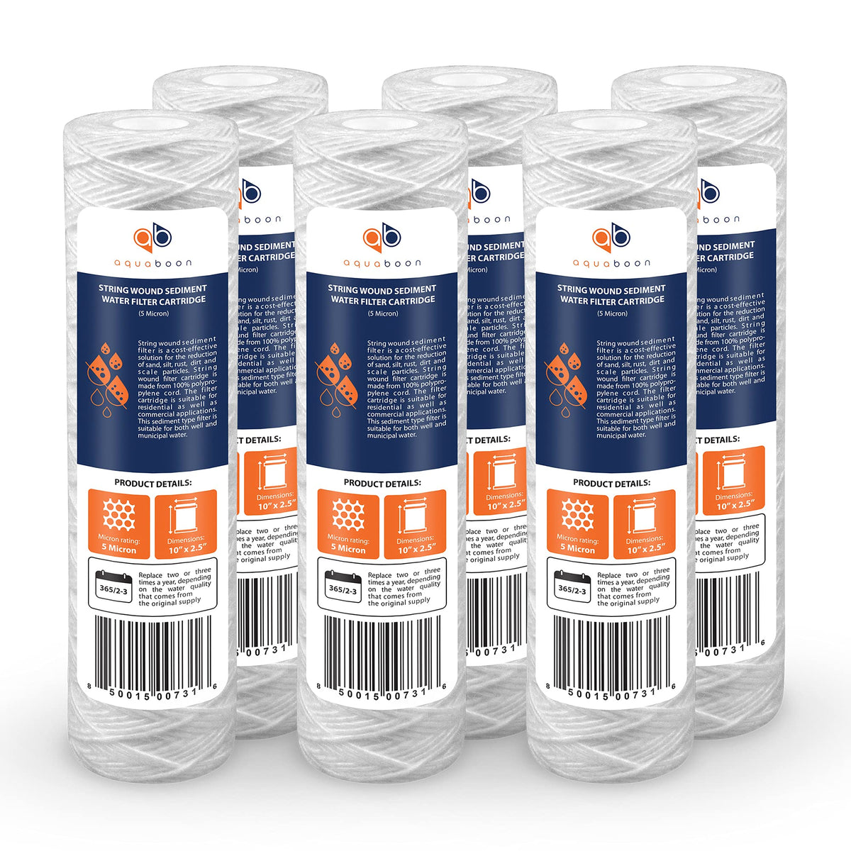 Aquaboon sediment filter cartridge front view showing compact home filtration design