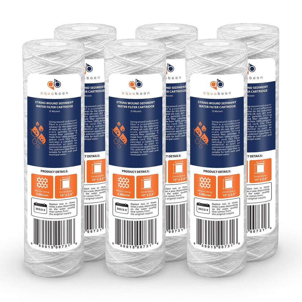 Aquaboon sediment filter cartridge front view showing compact home filtration design