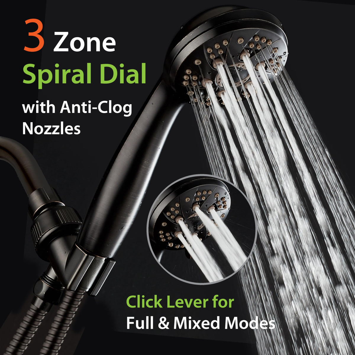 AquaDance angle-adjustable overhead bracket enables hands-free shower positioning.